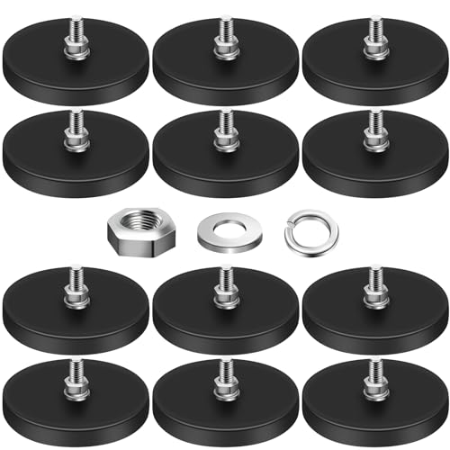 DIYMAG Rubber Coated Neodymium Magnets 2.6in 65lbs 12pcs | Anti-Scratch Black Rubber Coating, with M6 Threaded Studs Nuts, Strong Holding Power, for Light Bar, Mirror, Camera Mounting - size: M6-65LB-2.59in