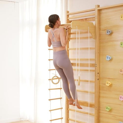 Avenlur Walnut Modular 9-in-1 Swedish Ladder Wall Gym, Kids Climbing Wall | 94.5-Inch Modular Indoor Playground & Jungle Gym: Rock Climbing Wall for Kids, Monkey Bars, Slide, Swing, Rope Net