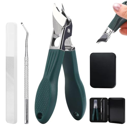 Eagle Beak Nail Clippers for Ingrown & Thick Nails – Beveled/Slanted/Angled Blades, Long Handle Wide Jaw, Anti-Splash Ultra Sharp Stainless Steel Edge 3-Piece Set for Men/Women (Green) - color: Green