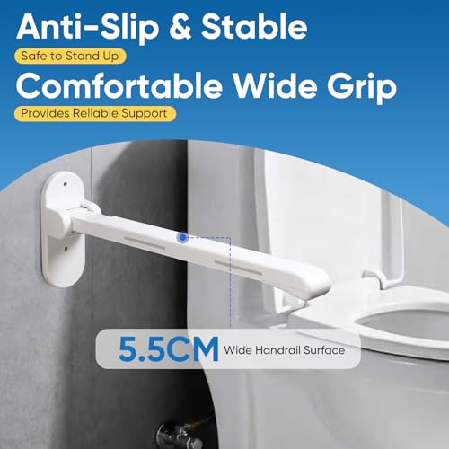 26.8 INCH Flip-Up Toilet Grab Bar with Support Leg, Wall-Mounted Safety Rail for Bathroom, Night Glow Strips on Both Sides, Folding Handrail for Elderly & Disabled - size: 26.8 In with Support Leg