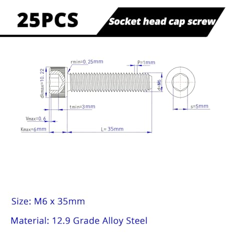 M6-1.0 x 35mm Socket Head Cap Screws Cap Bolts, 12.9 Grade Alloy Steel Black Oxide, Allen Socket Drive, Machine Full Thread, 25 PCS (8mm-80mm Available) - size: M6x35mm(25PCS)