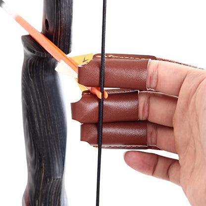 3-Finger Leather Archery Glove, Shooting Finger Guard | Smooth draw feel, reinforced stress zones, lightweight fit, easy on & off, durable wear resistance, fits recurve bow training - color: Brown