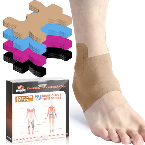 Kinesiology Tape for Ankle, KTQUICK 12 Count Ankle Tape Precut, Original Cotton Waterproof & Breathable, Enhance Elastic Kinesiology Athletic Tape for Ankle Support and Muscle to More Sports (Beige) - color: Beige