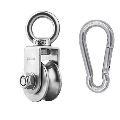 Single Pulley Block 360 Degree Rotation Traction Wheel Stainless Steel Swivel Hook & Carabiner Heavy Duty for Washing Line/Rope Loading 500kg Gym - size: 107mm+Carabiner