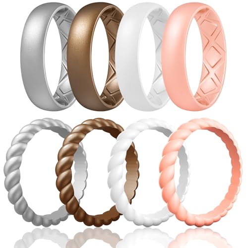 Egnaro Women's Stackable Silicone Rings, 2.5/5.5mm Wide 1.8/2mm Thick Bands | Comfort-Fit Rubber Bands Offer Breathable Flexibility for Nurses, Workouts, Pregnancy, Yoga, Travel, Office, and All-Day Wear - color: SETE1-Metallic Silver, Bronze, White, Ligh
