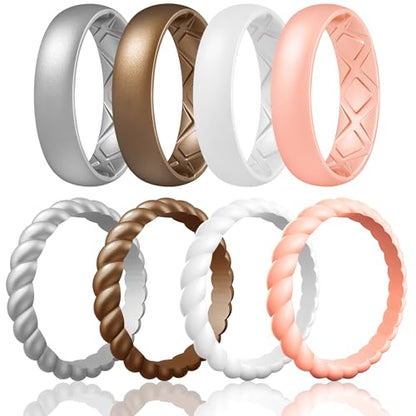 Egnaro Women's Stackable Silicone Rings, 2.5/5.5mm Wide 1.8/2mm Thick Bands | Comfort-Fit Rubber Bands Offer Breathable Flexibility for Nurses, Workouts, Pregnancy, Yoga, Travel, Office, and All-Day Wear - color: SETE1-Metallic Silver, Bronze, White, Ligh