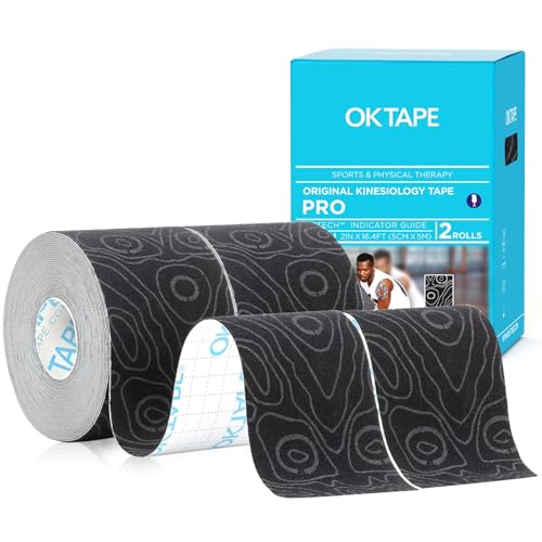 OK TAPE PRO Kinesiology Tape Uncut Roll, Elastic Physical Therapy Tape | 2 Inch Athletic Tape for Pain Relief, Muscle Support, Kinetic Tape, Water Resistant, 16.4Feet -Black Gray 2 Rolls - color: Black a, size: 2 Rolls
