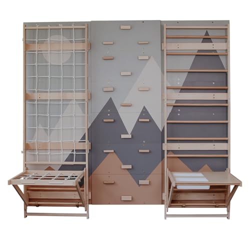 WoodandHearts 5in1 Modular Swedish Wall Gym Set for Kids Sensory Development – Swedish Ladder with Adjustable Pull-Up Bar, Rope Climbing Wall & Rock Climbing Panels (Base Set+Sorter Desk+Sit-Up Bar) - style: Base Set + 2-in-1 Sorter Desk + Sit-Up Bar