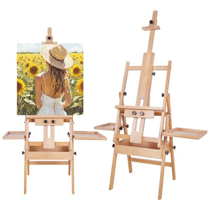 Horizontal Beechwood Studio Easel with Drawer and Palettes, Natural | H-Frame Solid Wooden Painting Easel for Students, Beginners, and Artists, Hold Canvas to 50Inches High - style: Horizontal Natural
