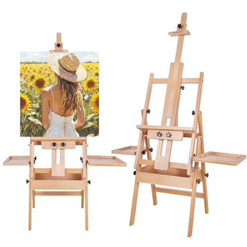 Horizontal Beechwood Studio Easel with Drawer and Palettes, Natural | H-Frame Solid Wooden Painting Easel for Students, Beginners, and Artists, Hold Canvas to 50Inches High - style: Horizontal Natural