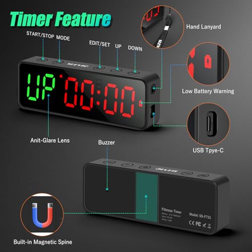 Portable Gym Workout Timer, Fitness Clock with The Rubber Case and Built-in Magnetic Spine, Large LED Digital Anti Vertigo Display, for Home Garage Schools (Black) - color: Black
