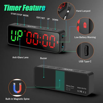Portable Gym Workout Timer, Fitness Clock with The Rubber Case and Built-in Magnetic Spine, Large LED Digital Anti Vertigo Display, for Home Garage Schools (Black) - color: Black