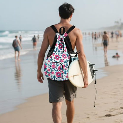 Draw String Back Bag Climbing Gym Bag With Pockets String Bag Waterproof Red Turquoise Floral Pattern