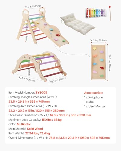 VEVOR Pikler Triangle Set, 9-in-1 Toddler Climbing Toys Indoor, with Xylophone, Cushion, Triangle, Arch, and Ramp, 150 lbs Load, Foldable Montessori Climbing Set for Toddlers and Kids, Rainbow