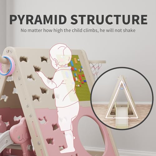 UNICOO Children’s 7 in 1 Multi-Functional Climbing Pyramid Set with Slide, Kids Climbing and Sliding Set for Home, Daycare (KU-C04-Pink) - color: Pink