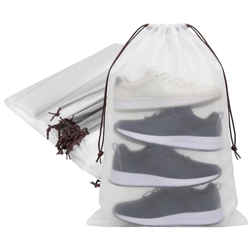 HAKZEON 100 PCS 14x18 Inch Clear Plastic Drawstring Bags, Portable Translucent Shoes Storage Organizers Pouch with Rope, Thickness 2 Mil Travel Bags for Sneakers, Dress Shoes, Slippers, Sandals - size: 14x18 IN 100 PCS