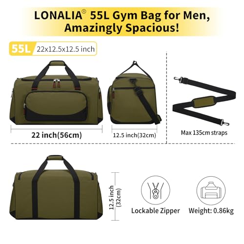 55L Large Sports Duffle Bag for Men, 22 Inch, Olive Green | Heavy Duty, Gym Duffel Bag, Multi Pockets, Spacious - color: Olive Green