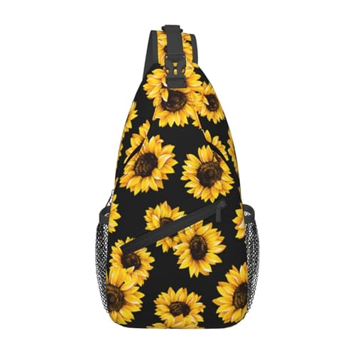 Sunflower Crossbody Sling Bag for Women Men Cute Yellow Flowers on Black Background Travel Sling Backpack Casual Chest Shoulder Bag Lovely Summer Floral Print Gym Sports Hiking Daypack - color: Yellow Black