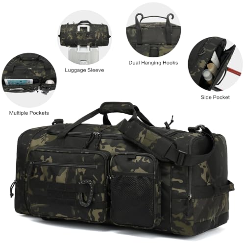 TUGUAN Large Baseball Softball Duffle Bag, 3 in 1 Baseball Equipment Duffel Backpack for Adult Youth, 65L Bat Bag with Shoes Compartment - 2 Bat Sleeves Fence Hook Hidden Dual Straps - color: Camo