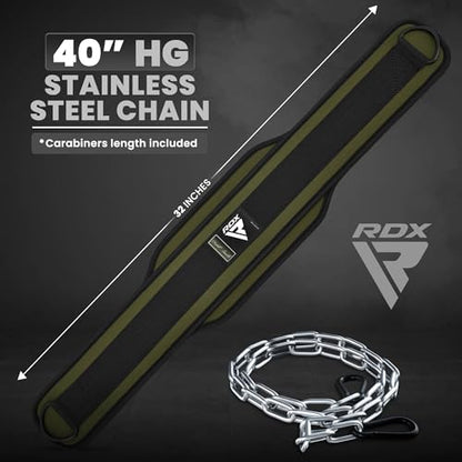 RDX Dip Belt for Weight Lifting, Heavy Duty 36 Inch Adjustable Steel Chain, Dipping Belt Chin Pull Ups Gym Training Bodybuilding Powerlifting Fitness Workout, 6” Padded Neoprene Back Support Men Women - color: Army Green