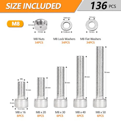 136 PCS M8 Screws Assortment Kit, Hex Socket Head Screws Nuts Bolts and Washers Set, 304 Stainless Steel Metric Machine Screws,16/20/30/40/45/50mm Metric Hex Head Socket Cap Bolt & Nut Assortment - size: M8 - 136PCS