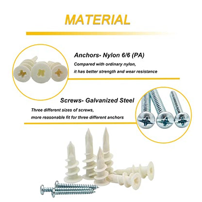 3 Sizes Self Drilling Drywall Anchors, 310PCS Nylon Plastic Wall Anchors and Screws for Drywall, No Pre Drill Hole Preparation Required,13x32mm,15x33mm,13x42mm