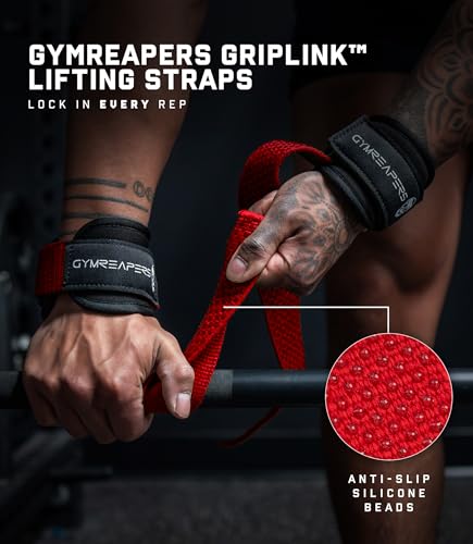 Gymreapers GripLink Lifting Straps – Heavy Duty D-Ring Weight Lifting Wrist Straps with Anti-Slip Silicone Grip Beads, Adjustable Support for Deadlifts, Powerlifting, Cable Machines & Gym Training - color: Red