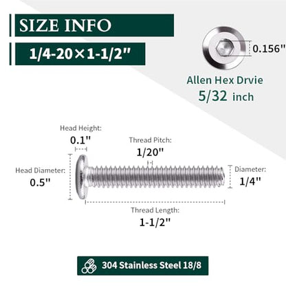 1/4-20 x 1-1/2" Hex Socket Head Cap Screws, 304 Stainless Steel 18-8, Chamfered Countersunk Machine Screws for Furniture, Binding, Machinery, Automotive, DIY Projects, 25 PCS - size: 1/4-20 x 1-1/2"