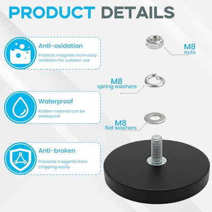 E BAVITE 12PCS Strong Rubber Coated Mounting Magnets with M8 Threaded 120LB | Anti-Scratch Mounting Magnet Magnetic Non-Slip Strong Magnet for Lighting Bar, Additional Mirrors and Camera - size: M8-3.46in-120LBS