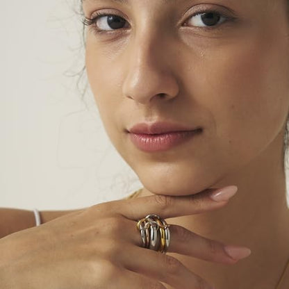 Shapes Studio Trio Linked Ring, stackable Ring, Minimalism style for women, Never Tarnish - size: 9, style: Five Band ( Three Silver, One Gold, One Rose Gold)