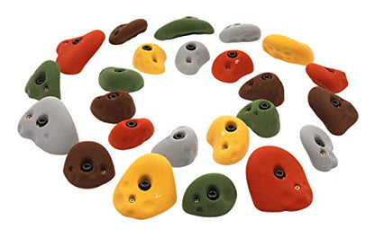 Atomik Rock Climbing Holds Set of 24 Golfus Style Tennis Shoe Friendly Footholds and Jugs with Indoor Rated Hardware in Assorted Earth Tones