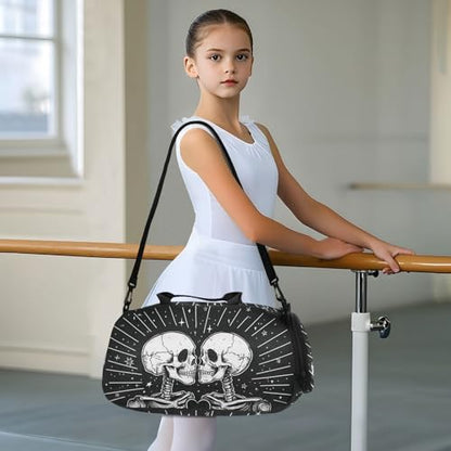 Kids Sports Duffel Bag for Boys & Girls - Two Skeletons Skull Heart 100% Polyester Gym Bag with Separate Shoe Compartment, Adjustable Shoulder Strap, Compact Travel & Workout Gear Bag - color: Two Skeletons Skull Heart