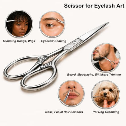 Small Precision Scissors, 3.5in Beauty Grooming Kit | Stainless Steel, Multi-Purpose Travel Tools for Facial Hair, Eyebrow, Eyelash, Beard, Moustache Trimming, with PU Sheath - color: Stainless Steel Color