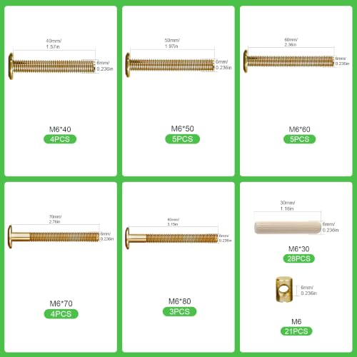 21Set Crib Screws Set,Bed Frame Bolts,Nuts and Wooden Dowel Pins Kit,Hex Socket Cap Furniture Screws&Barrel Nuts for Beds Furniture Headboards Crib Hardware Replacement Kit, M6x40/50/60/70/80mm Wrench - size: Gold-M6x40/50/60/70/80mm-21 Sets