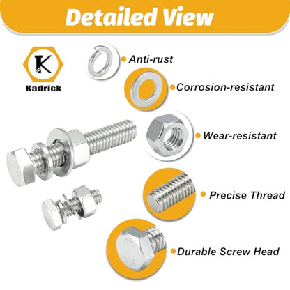 Kadrick 456Pcs 18-8(304) Stainless Steel Hex Bolts Assortment,1/4-20 5/16-18 3/8-16 Heavy Duty Bolts and Nuts Kit, Assorted SAE Bolts Nuts Flat&Lock Washers,Lenth Form 1/2''-2'' - size: 456Pcs Stainless SAE Hex Bolts