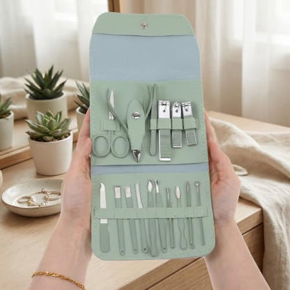 Travel Manicure Set, Mini Nail Clipper Set of 16, Fingernail Set for Men Women with Leather Case, Grooming Kit with Nail Care Tools Beauty Scissors Tweezers (Jade Green)