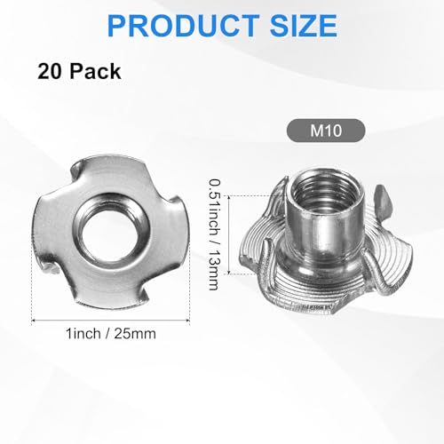 M METERXITY 20-Pack M10x13mm T-nut, 4-Pronged Tee Nut Threaded Insert | Stainless Steel, for Wood, Rock Climbing Holds, Furniture, Corrosion Resistant Fasteners - size: M10x13mm