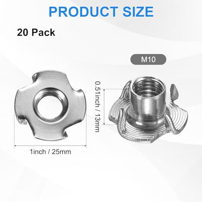 M METERXITY 20-Pack M10x13mm T-nut, 4-Pronged Tee Nut Threaded Insert | Stainless Steel, for Wood, Rock Climbing Holds, Furniture, Corrosion Resistant Fasteners - size: M10x13mm