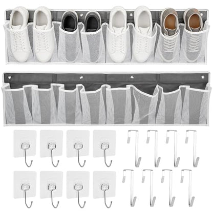 2 Pack RV Shoe Storage with Sticky Adhesive Tape, 16 Large Pocket Wall Mounted Entryway Shoes Rack, Narrow Space Saving Closet Organizers for Lightweight Shoes RV & Camper Essentials