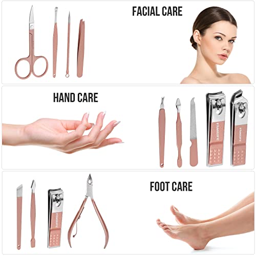 FAMILIFE Manicure Set, Professional Nail Kit Stainless Steel Nail Clipper Set, 13PCS Beauty Tools Manicure Kit Pedicure Tools, with Portable Pink Leather Travel Case for Her - color: Pink