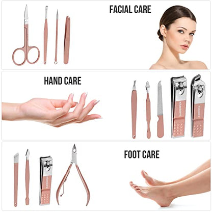 FAMILIFE Manicure Set, Professional Nail Kit Stainless Steel Nail Clipper Set, 13PCS Beauty Tools Manicure Kit Pedicure Tools, with Portable Pink Leather Travel Case for Her - color: Pink