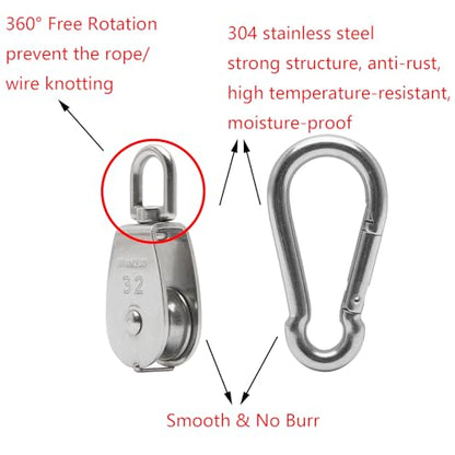 2X 304 Stainless Steel M32 Single Swivel Rope Pulley Blocks with Snap Hooks | 360° anti-twist swivel pulley. For lifting, towing & hanging wire rope on crane/outdoor. Has spring snap hooks for fast fit - size: M32-2pcs