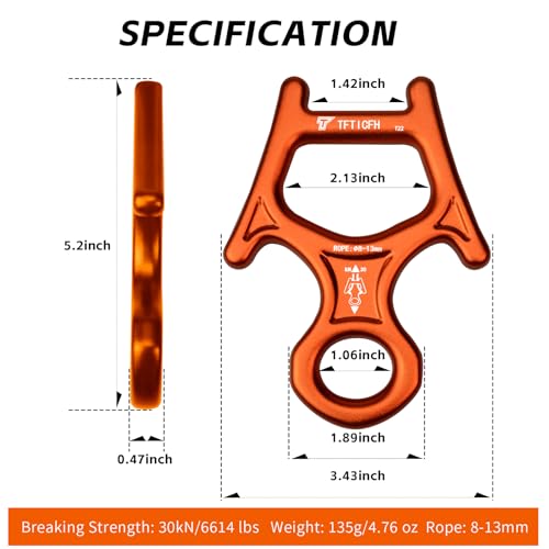 Figure 8 Descender, 30kN Climbing Descender, Heavy Duty 7075 Aluminum Belay & Rappel Equipment for Climbing, Mountaineering, Arborist, Caving, Aerial Yoga - color: 30kN-Orange