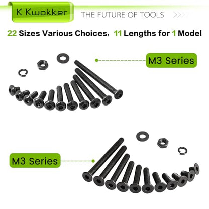 2540Pcs M3 Screw Kit 4MM to 35MM, M3 Button Head Screws & Flat Head Screws, Upgraded Zinc Plated Assorted Nuts and Bolts Assortment Kit Black M3 Screws with Nuts, Washer and Lock Washers - size: M. M3