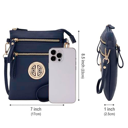 Solene Small Multi Zipper Pockets Crossbody Bag with Detachable Wristlet - color: Navy
