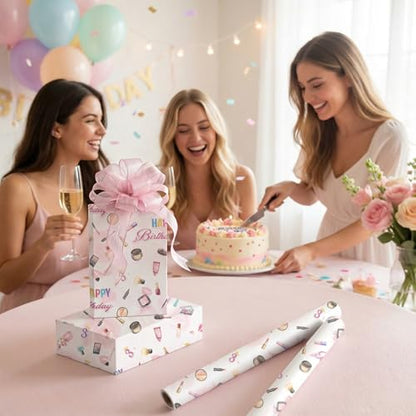 Liobelon Threenager Birthday Wrapping Paper Roll – 17" x 16.5 Ft Girl Gift Wrap with Watercolor Cosmetics & Lip Print Design, Teen Girl Party Supplies for 3rd Birthday, Daughter Sister Gift Wrap - color: Threenager