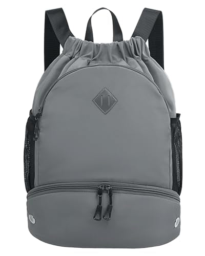 RHDZO Drawstring Backpack Gym Backpack with Shoe Compartment for Men Women String Sports Bag with Wet Pocket Cinch Swim Beach Bag, Large Gray - color: Large Gray, size: Large