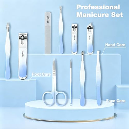 Manicure Set, 10 pcs High-Carbon Steel Nail Clippers Set, Portable Mini Manicure and Pedicure Kit, Travel Grooming Nail Kit with Leather Bag for Men and Women - color: Blue