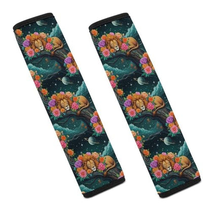 2PCS Lion Sleeping in Floral Night Sky Dark Seat Belt Cover Breathable Automotive Seat Belt Protector for Adult Use, Most Cars, Pressure Relief - color: Pattern 572