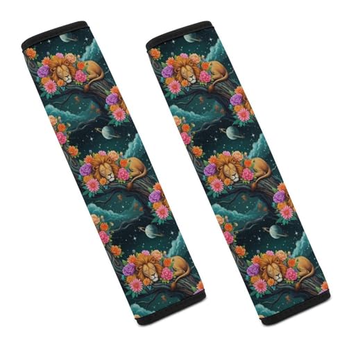 2PCS Lion Sleeping in Floral Night Sky Dark Seat Belt Cover Breathable Automotive Seat Belt Protector for Adult Use, Most Cars, Pressure Relief - color: Pattern 572